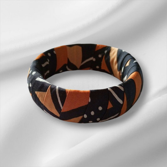 Bracelet bombé en satin motif Bogolan /2,5cm